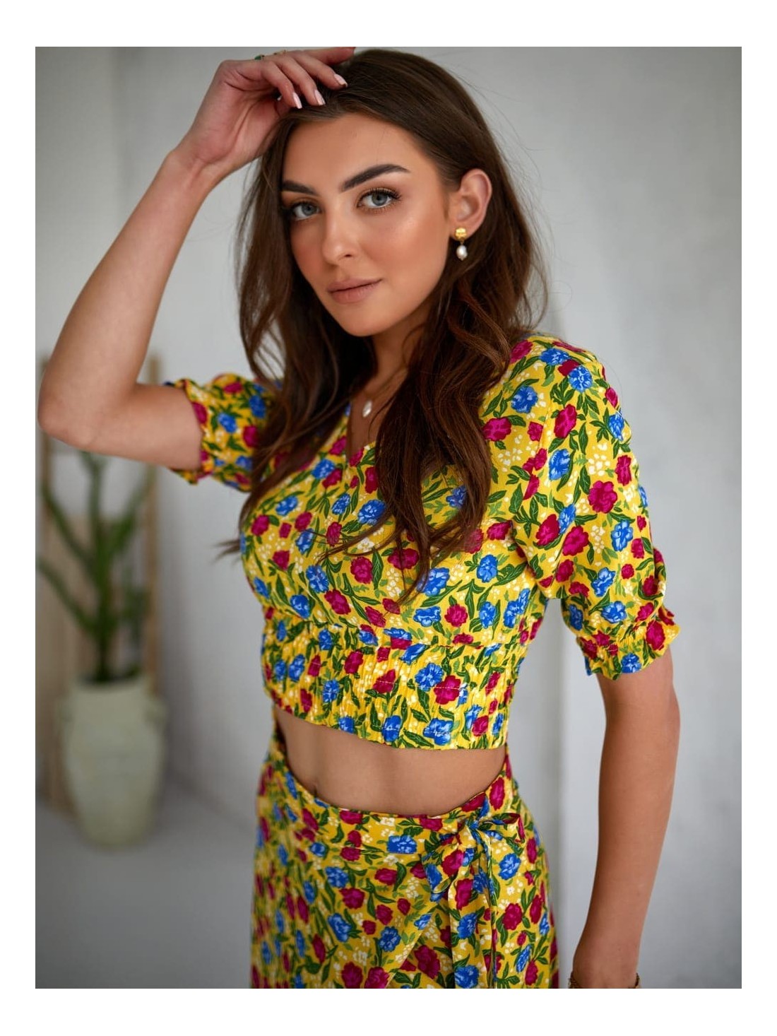 Summer set with flowers, yellow maxi blouse and skirt 3364 - Online store - Boutique